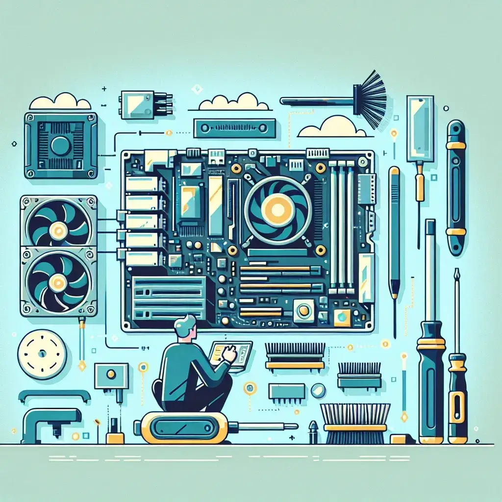 "Usuario realizando mantenimiento básico en sistemas informáticos con herramientas de diagnóstico y limpieza, ilustrando la importancia del cuidado regular de la tecnología."
