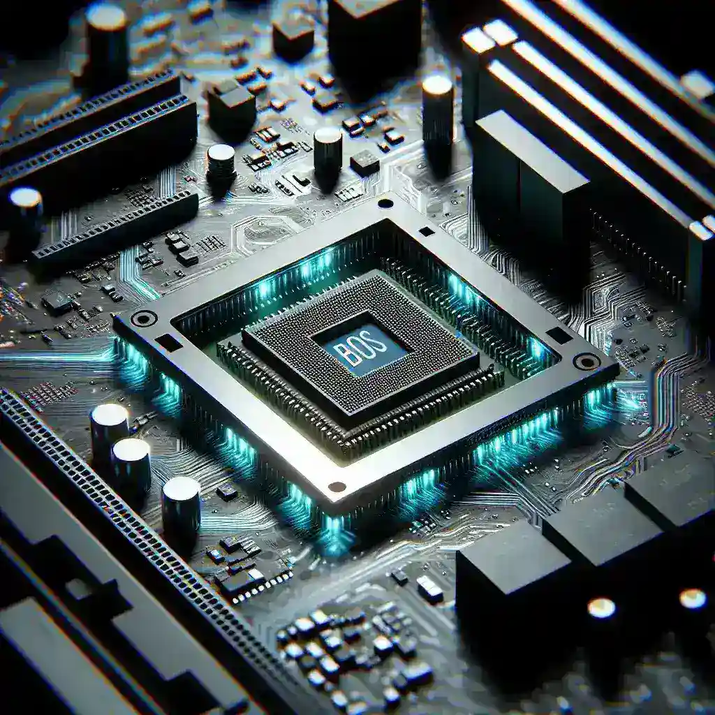 "Placa base moderna con chip BIOS integrado con inteligencia artificial, destacando su diseño innovador y tecnología avanzada, ilustrando la tendencia del mercado entre fabricantes de hardware."