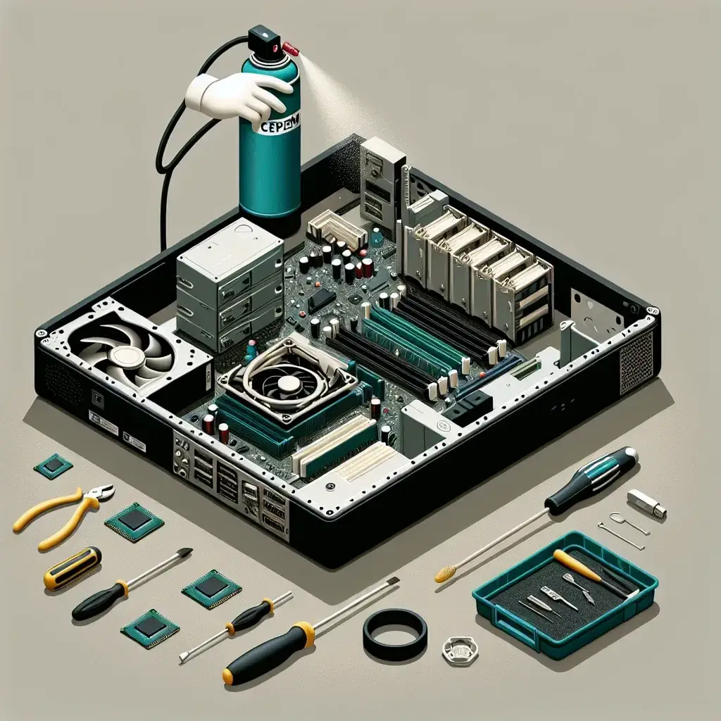 "Ilustración de un técnico realizando mantenimiento básico en un sistema informático, destacando herramientas y equipo esenciales para el cuidado de hardware y software en la guía completa de mantenimiento de sistemas informáticos."