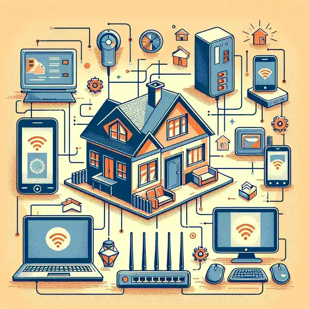 "Diagrama ilustrativo de una red doméstica compartida, mostrando la conexión de múltiples dispositivos como computadoras, impresoras y routers, ideal para acompañar la guía completa sobre cómo montar una red en casa."