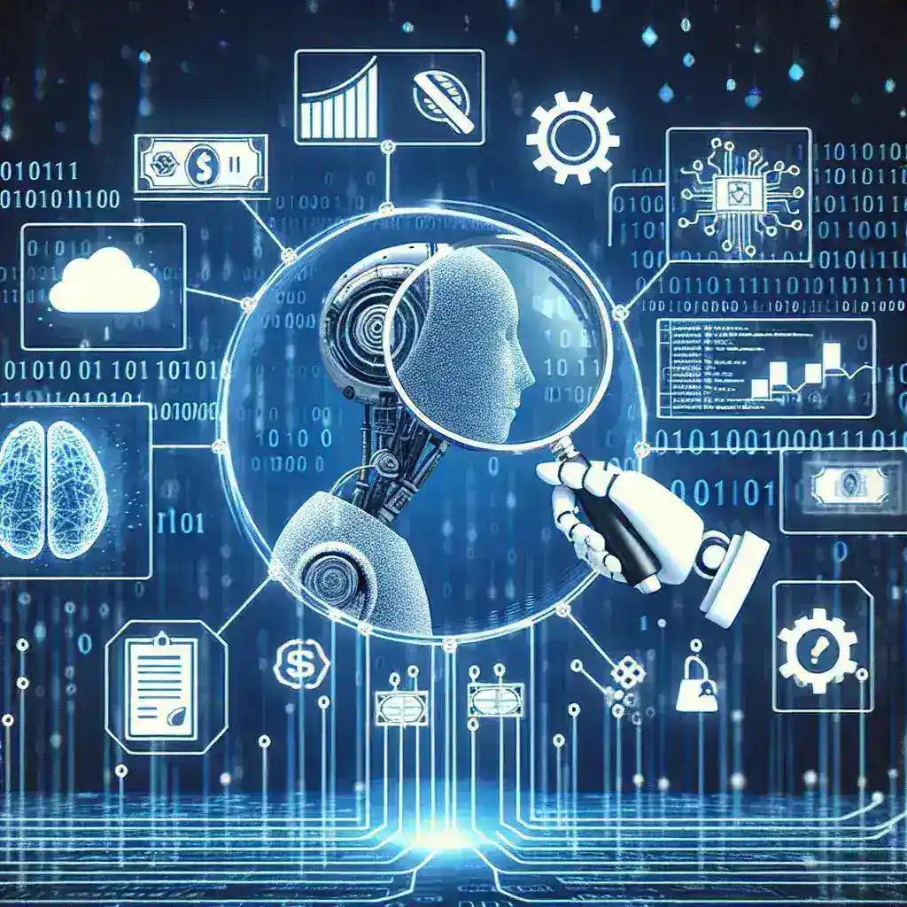 "Ilustración de herramientas de inteligencia artificial analizando datos para detectar fraudes en transacciones financieras"