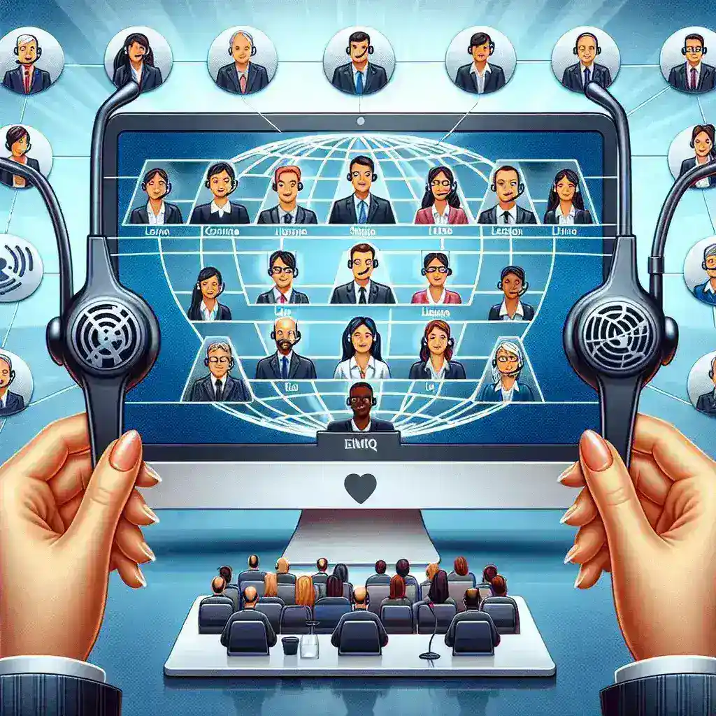"Dispositivos de traducción simultánea en uso durante una conferencia virtual, destacando la tecnología avanzada para interpretación en tiempo real."