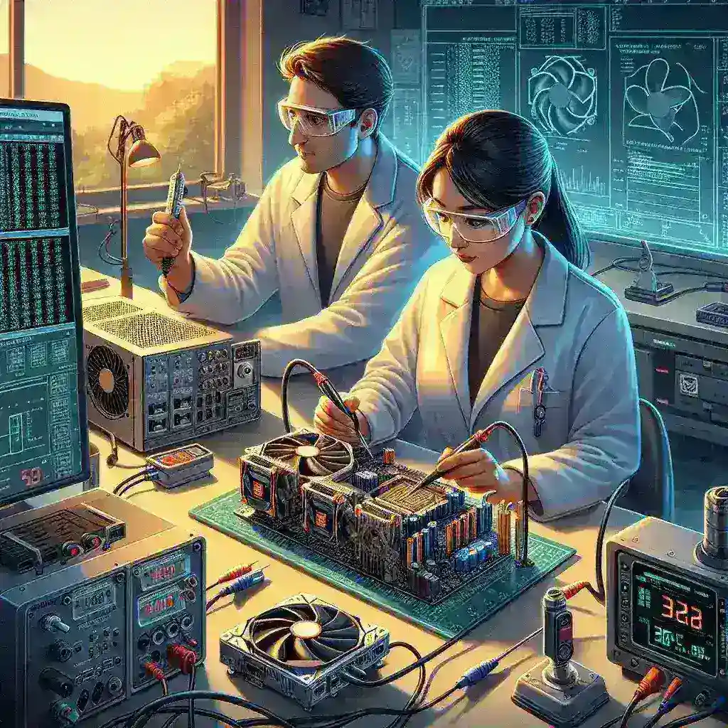 "Laboratorio de pruebas midiendo la eficiencia térmica y el TDP de una GPU, con instrumentos especializados y gráficos en pantalla que ilustran el rendimiento térmico."