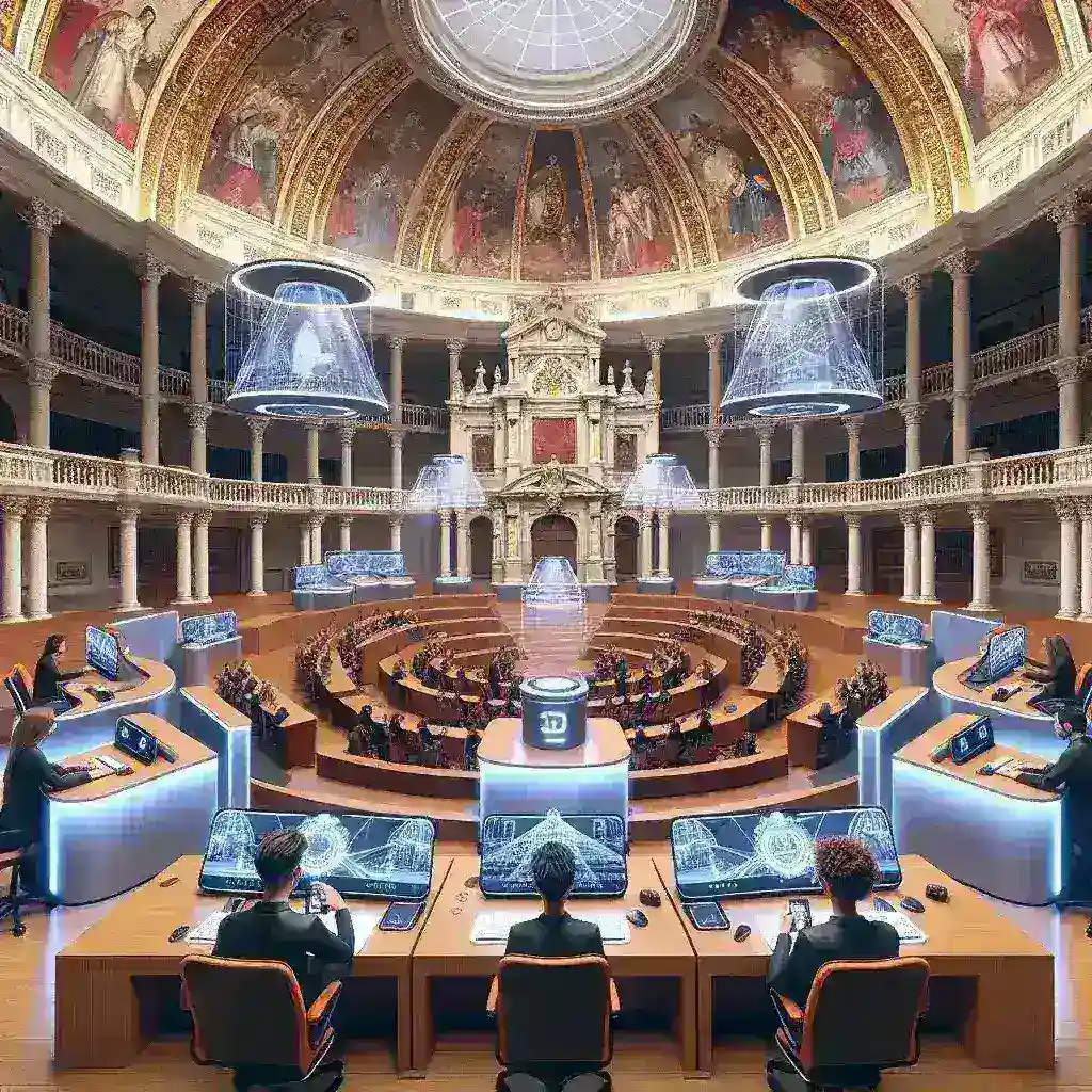 "Estudiante interactuando con hologramas 3D en aula virtual de una universidad española, destacando la innovación tecnológica en la educación."
