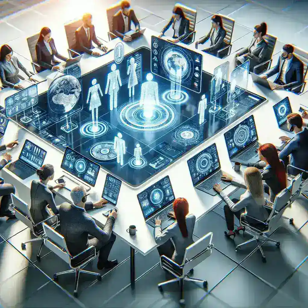"Un grupo diverso de profesionales en una videoconferencia, utilizando aplicaciones de comunicación digital en un entorno de oficina, representando las mejores aplicaciones de videoconferencia para equipos de trabajo en 2024."