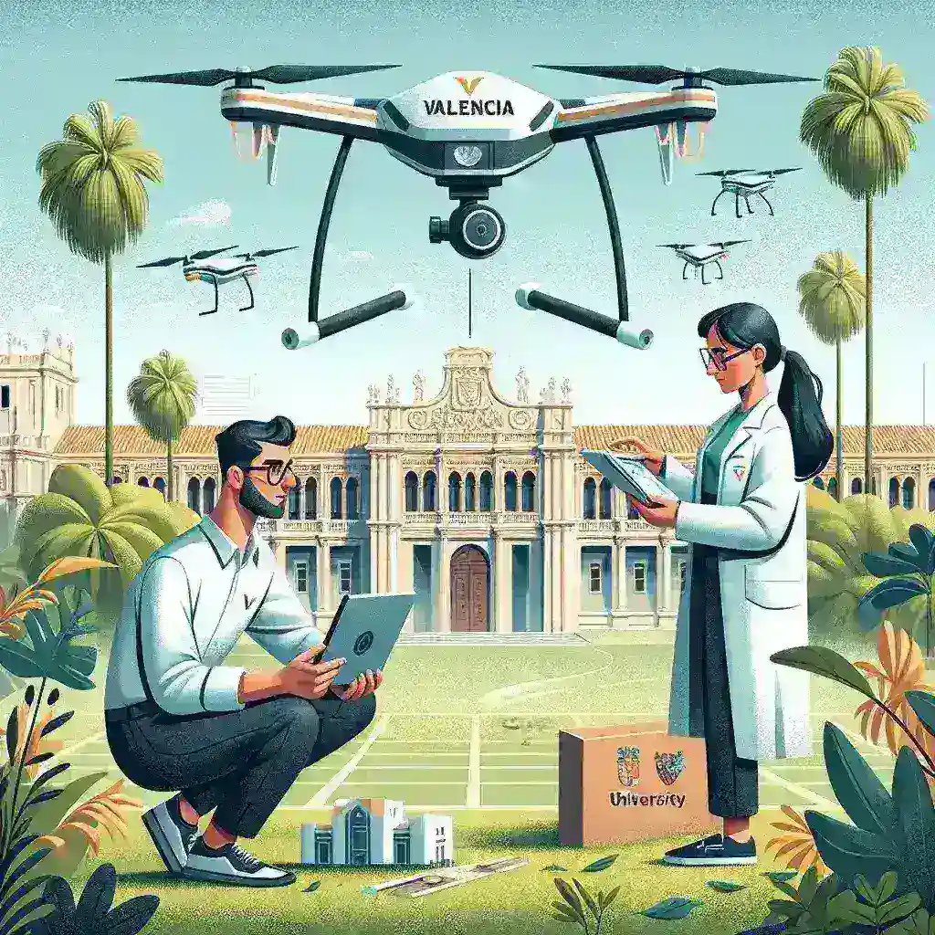 "Drone autonomously monitoring environmental conditions in Valencia, developed by La Universidad de Valencia, showcasing advanced technology for ecological assessment."